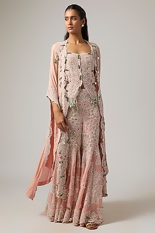 Pink Organza Mirror Work Butterfly Cape Set by Minaxi Dadoo