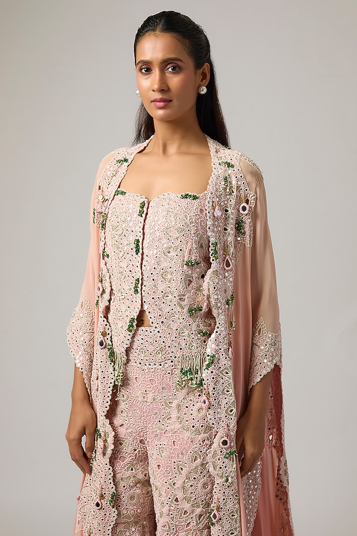 Pink Organza Mirror Work Butterfly Cape Set by Minaxi Dadoo at Pernia's Pop Up Shop