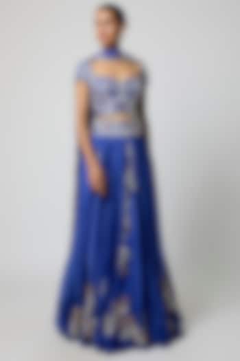 Blue Satin Organza Sequins Work Bridal Lehenga Set by Minaxi Dadoo at Pernia's Pop Up Shop