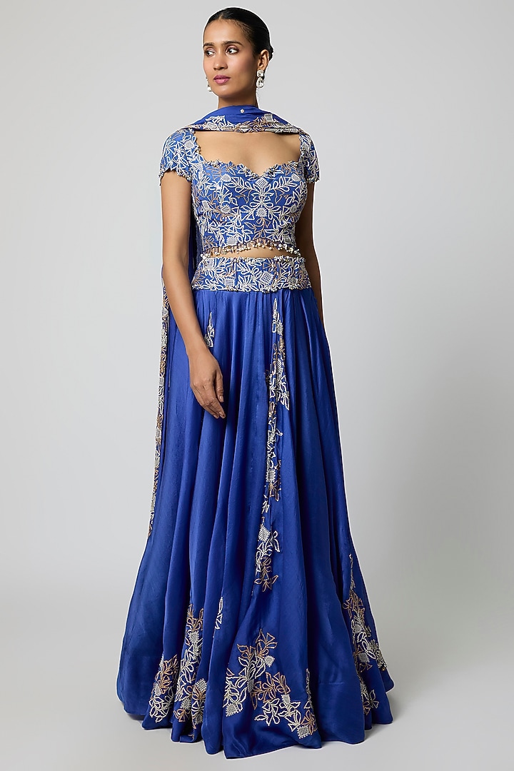 Blue Satin Organza Sequins Work Bridal Lehenga Set by Minaxi Dadoo at Pernia's Pop Up Shop