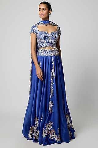 Blue Satin Organza Sequins Work Lehenga Set by Minaxi Dadoo