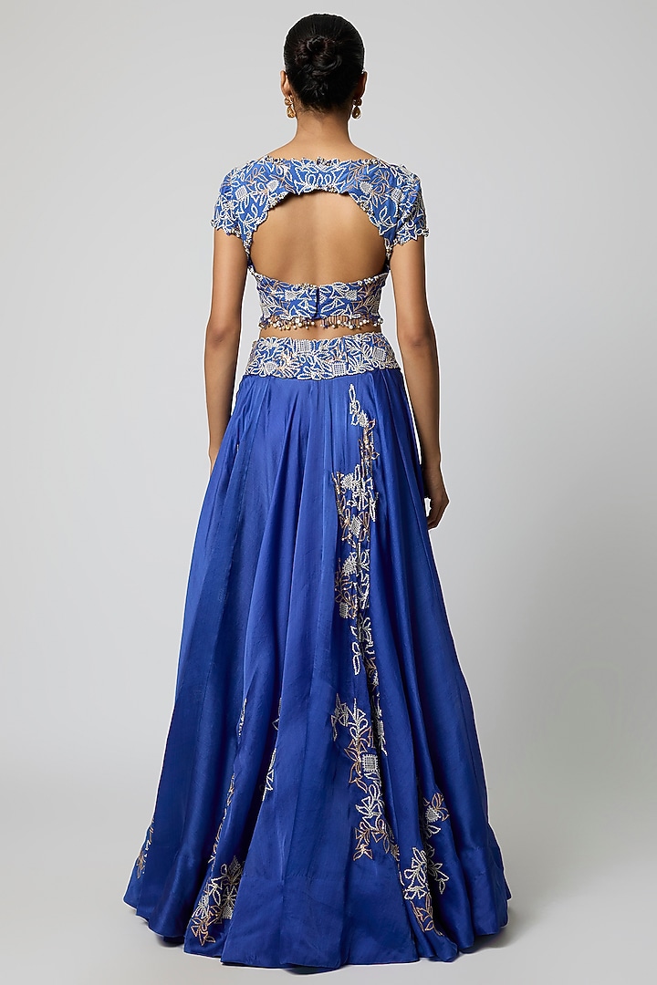 Blue Satin Organza Sequins Work Bridal Lehenga Set by Minaxi Dadoo at Pernia's Pop Up Shop
