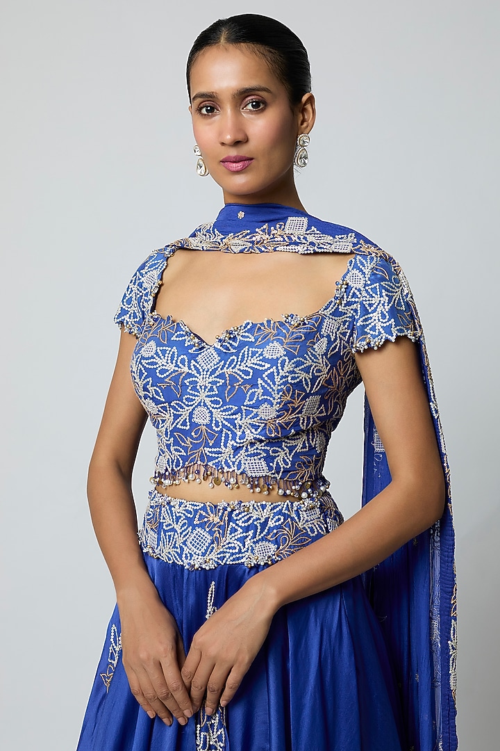 Blue Satin Organza Sequins Work Bridal Lehenga Set by Minaxi Dadoo at Pernia's Pop Up Shop