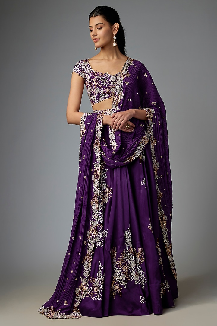 Purple Silk & Organza Embroidered Bridal Lehenga Set by Minaxi Dadoo at Pernia's Pop Up Shop