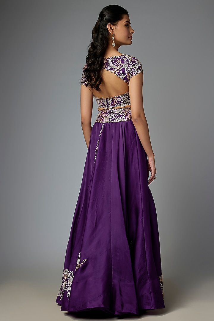 Purple Silk & Organza Embroidered Bridal Lehenga Set by Minaxi Dadoo at Pernia's Pop Up Shop