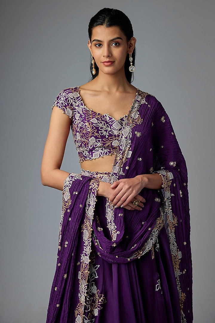 Purple Silk & Organza Embroidered Bridal Lehenga Set by Minaxi Dadoo at Pernia's Pop Up Shop