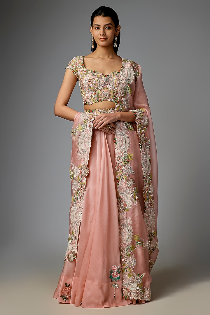 Blush Pink Silk & Organza Embroidered Bridal Lehenga Set by Minaxi Dadoo at Pernia's Pop Up Shop