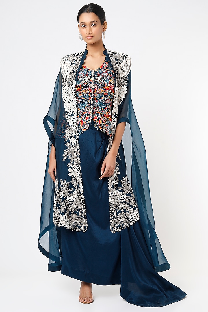 Midnight Embroidered Cape Set by Minaxi Dadoo