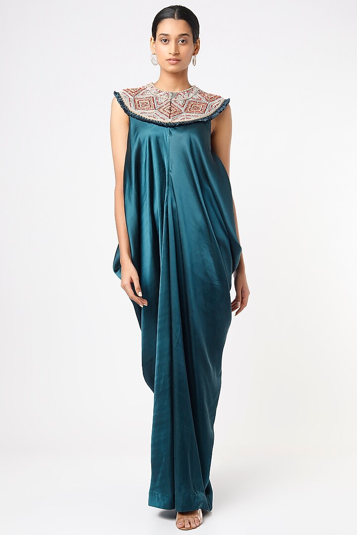 Teal Blue Embroidered Maxi Cocktail Dress by Minaxi Dadoo at Pernia's Pop Up Shop
