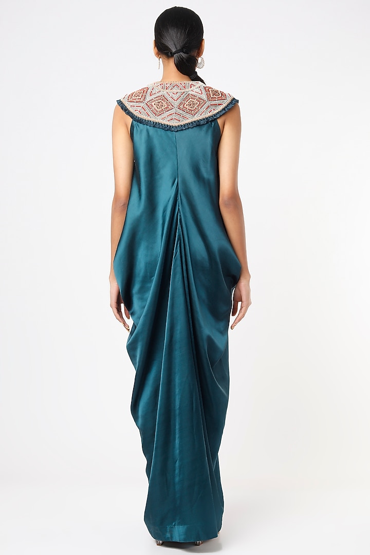 Teal Blue Embroidered Maxi Cocktail Dress by Minaxi Dadoo at Pernia's Pop Up Shop