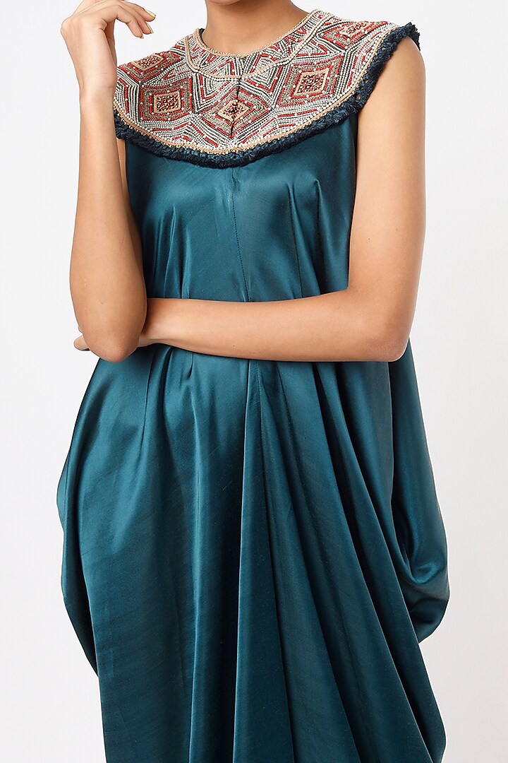 Teal Blue Embroidered Maxi Cocktail Dress by Minaxi Dadoo at Pernia's Pop Up Shop