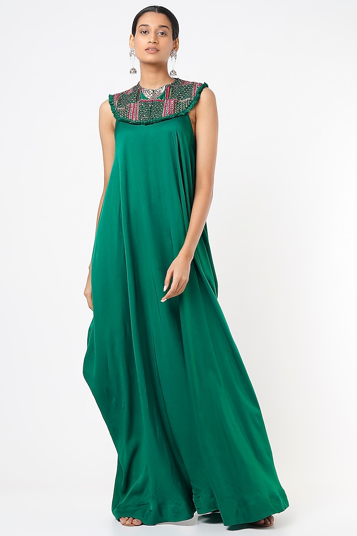 Teal Green Embroidered Maxi Dress by Minaxi Dadoo