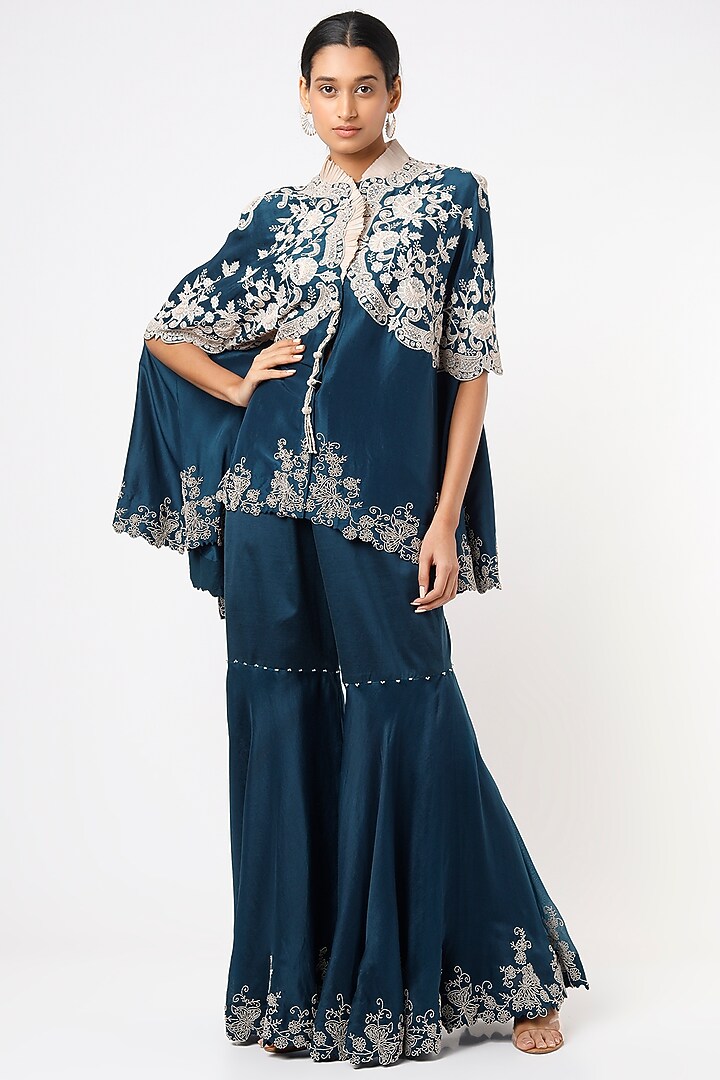 Midnight Blue Dupion Gharara Set by Minaxi Dadoo at Pernia's Pop Up Shop