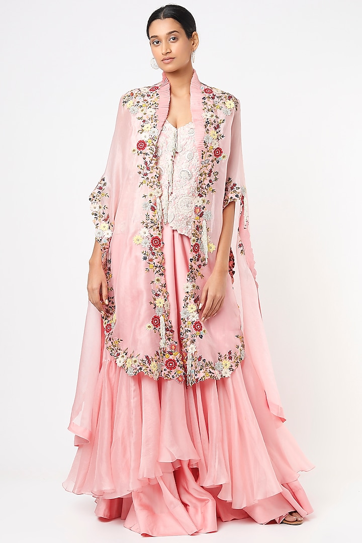 Pink Embroidered Cape Set by Minaxi Dadoo