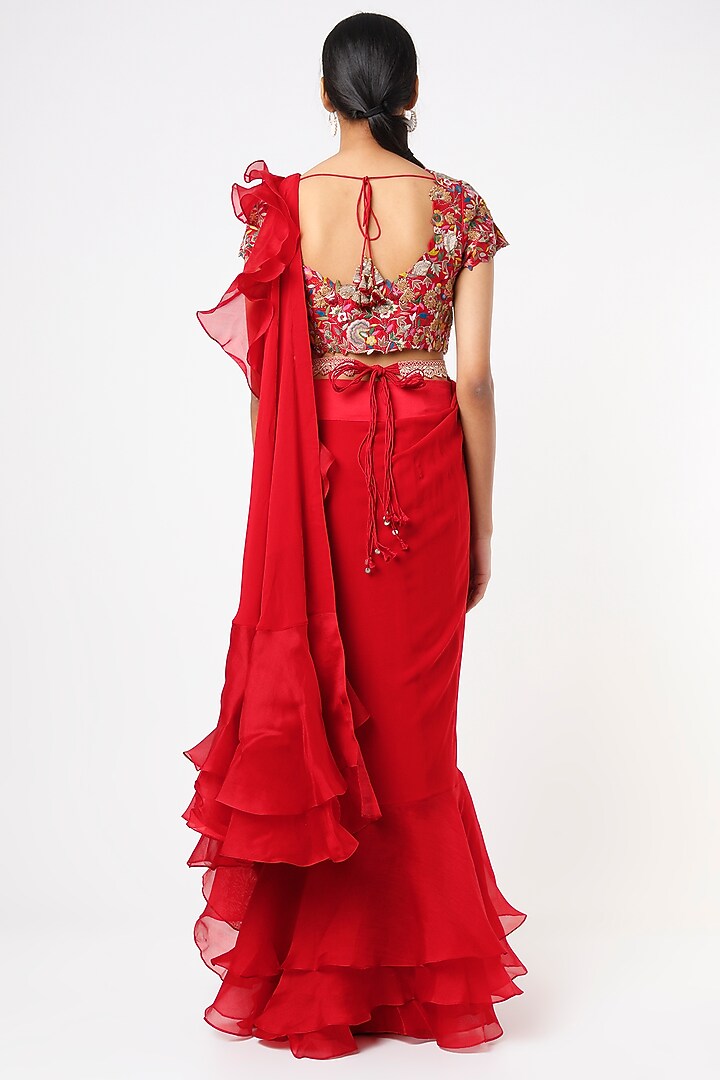 Red Silk Draped Frilled Reception Saree Set by Minaxi Dadoo at Pernia's Pop Up Shop