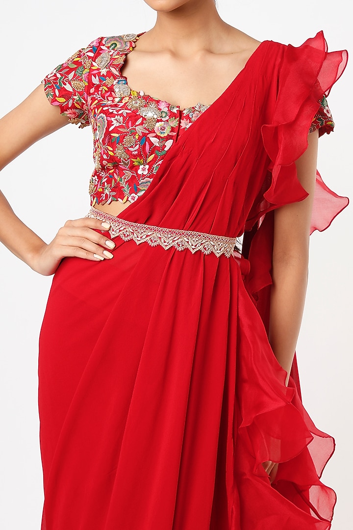 Red Silk Draped Frilled Reception Saree Set by Minaxi Dadoo at Pernia's Pop Up Shop