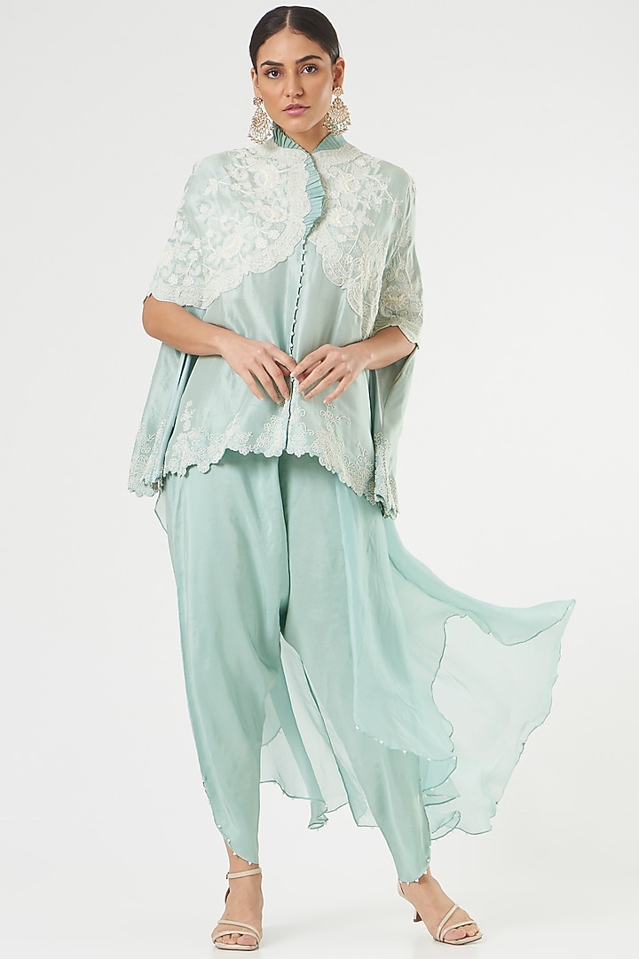 Light Blue Dupion Silk Cape Set by Minaxi Dadoo at Pernia's Pop Up Shop