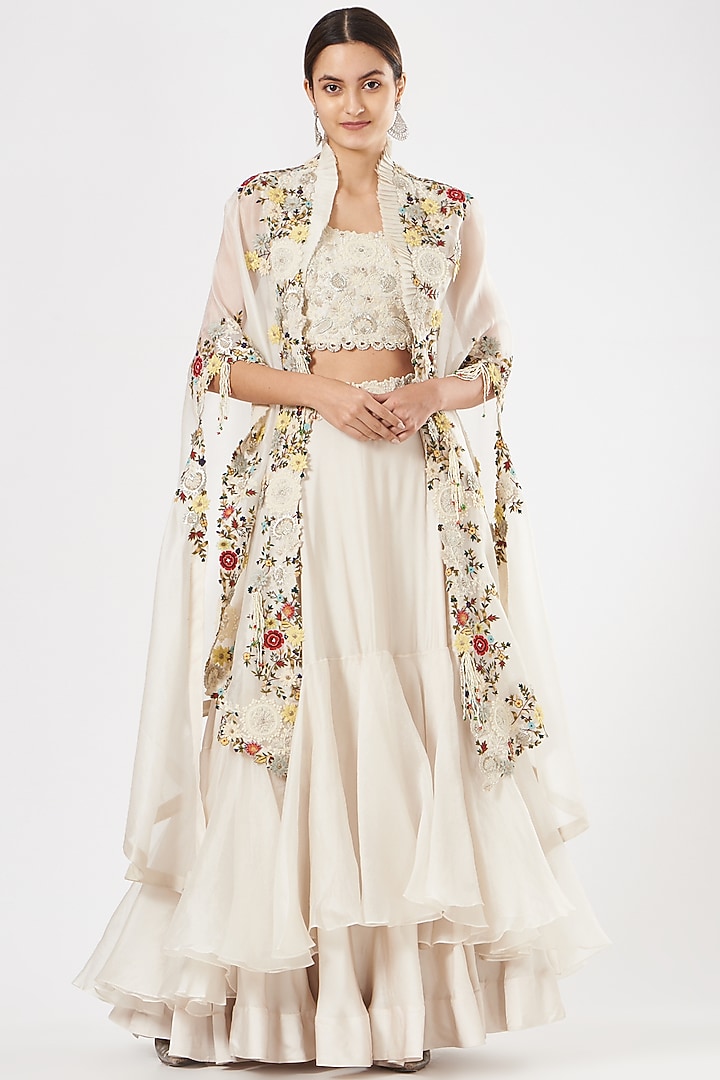 Off-White Silk Tiered Skirt Set by Minaxi Dadoo at Pernia's Pop Up Shop