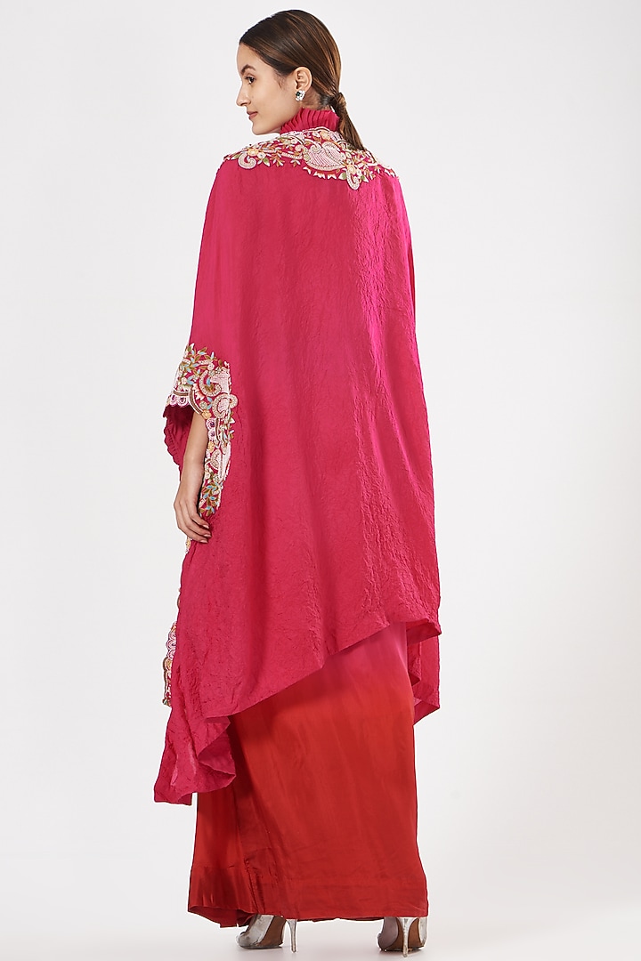 Rani Pink Dupion Skirt Set With Cape by Minaxi Dadoo at Pernia's Pop Up Shop