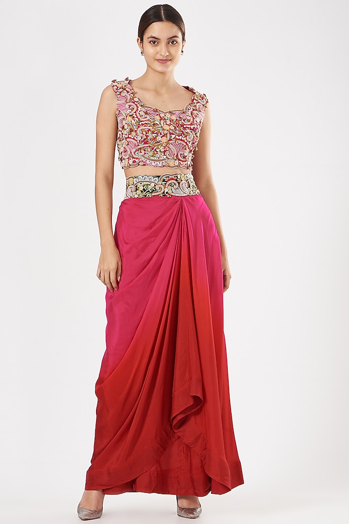 Rani Pink Dupion Skirt Set With Cape by Minaxi Dadoo at Pernia's Pop Up Shop