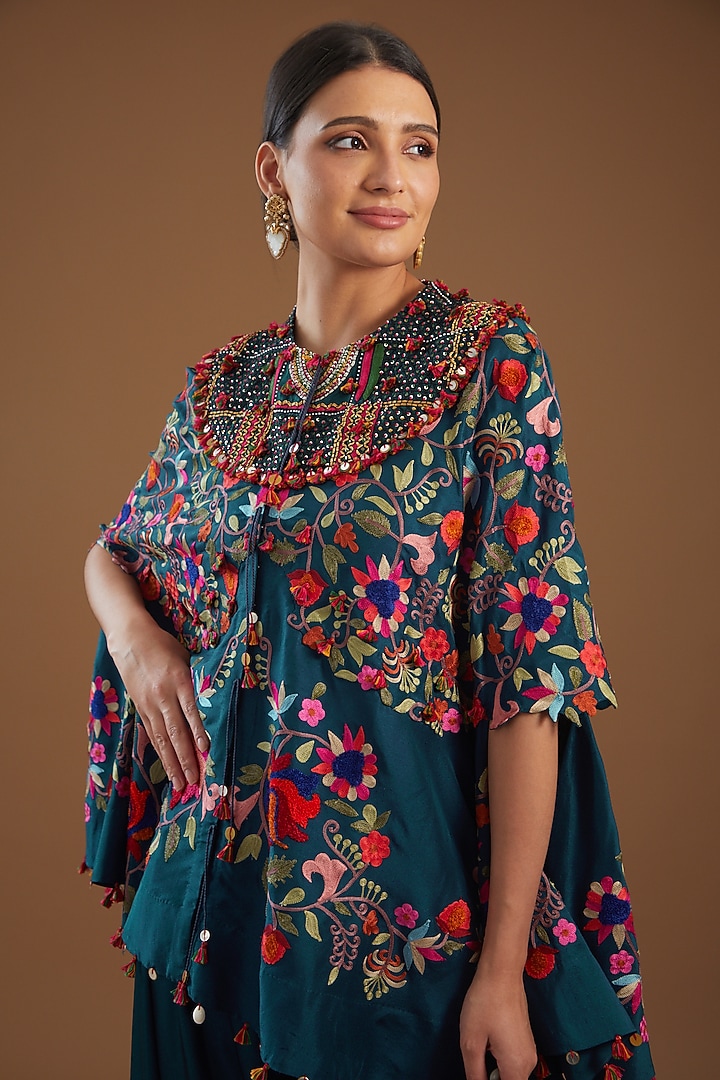 Peacock Blue Dupion Cape Set by Minaxi Dadoo at Pernia's Pop Up Shop