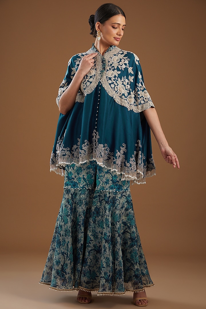 Peacock Blue Dupion Embroidered Cape Set by Minaxi Dadoo at Pernia's Pop Up Shop