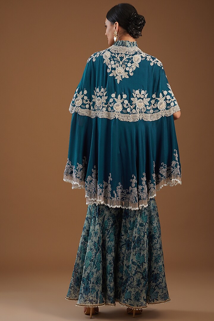 Peacock Blue Dupion Embroidered Cape Set by Minaxi Dadoo at Pernia's Pop Up Shop