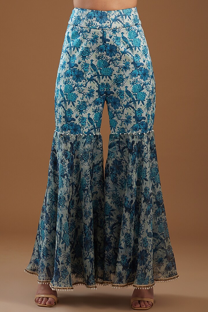 Peacock Blue Dupion Embroidered Cape Set by Minaxi Dadoo at Pernia's Pop Up Shop