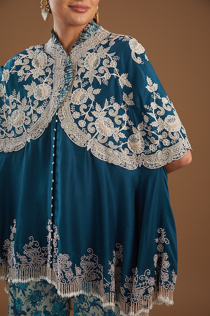 Peacock Blue Dupion Embroidered Cape Set by Minaxi Dadoo at Pernia's Pop Up Shop