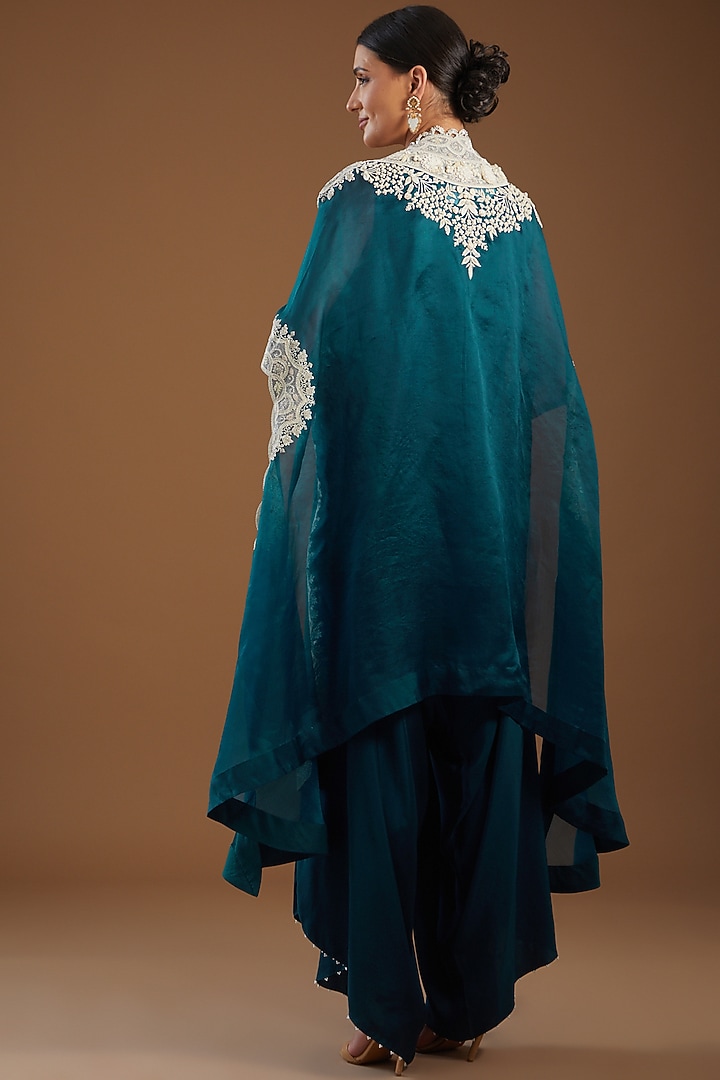 Peacock Blue Dupion Embroidered Kurta Set by Minaxi Dadoo at Pernia's Pop Up Shop