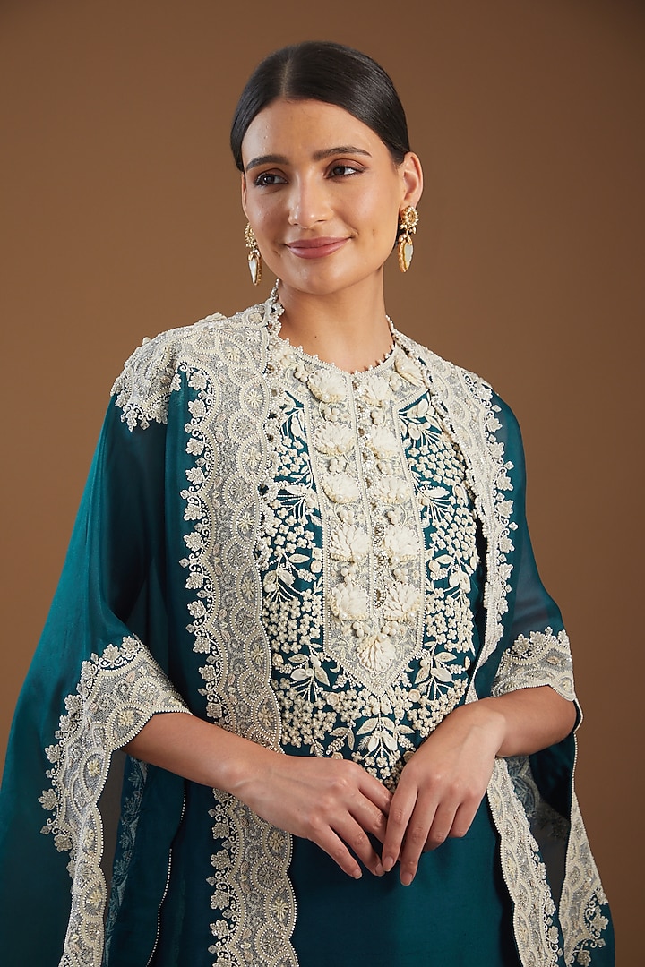Peacock Blue Dupion Embroidered Kurta Set by Minaxi Dadoo at Pernia's Pop Up Shop