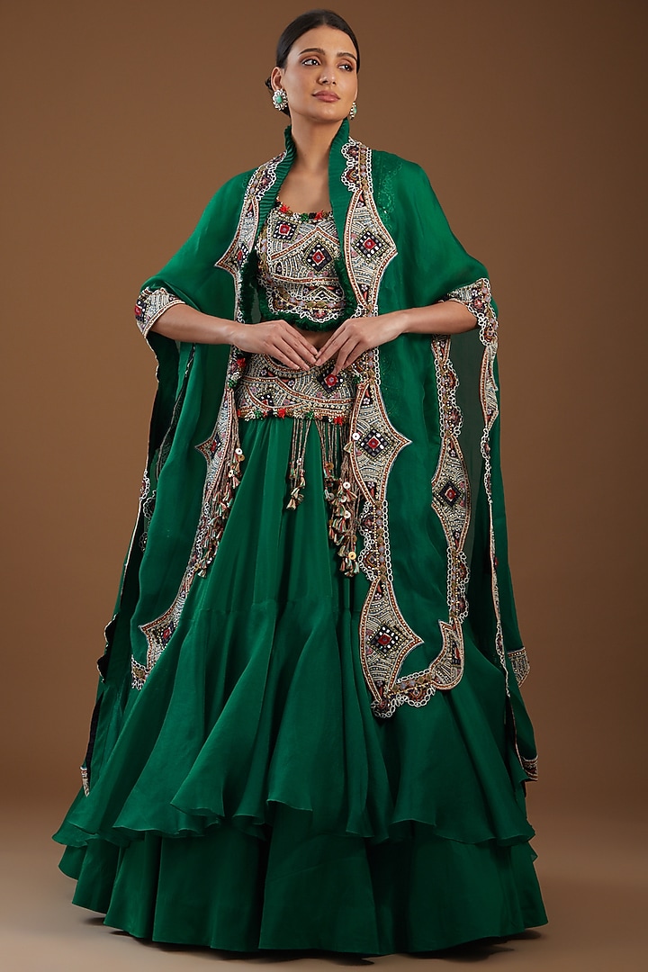 Green Organza Embroidered Cape Set by Minaxi Dadoo at Pernia's Pop Up Shop