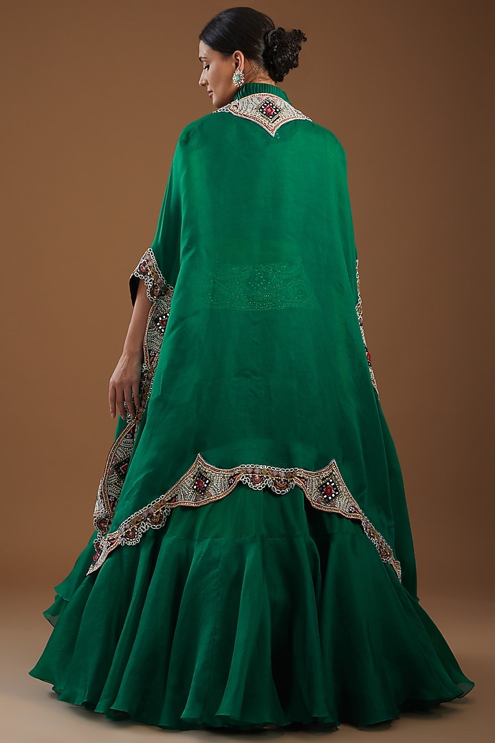Green Organza Embroidered Cape Set by Minaxi Dadoo at Pernia's Pop Up Shop