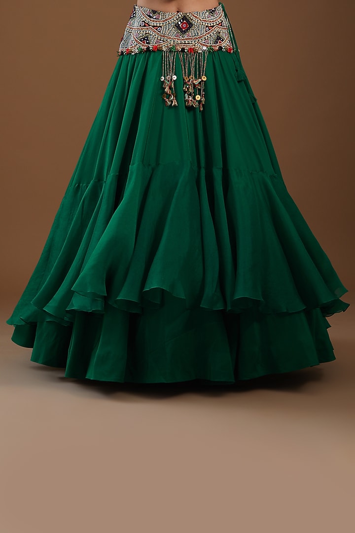 Green Organza Embroidered Cape Set by Minaxi Dadoo at Pernia's Pop Up Shop
