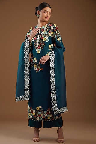 Peacock Blue Dupion Embroidered Kurta Set by Minaxi Dadoo
