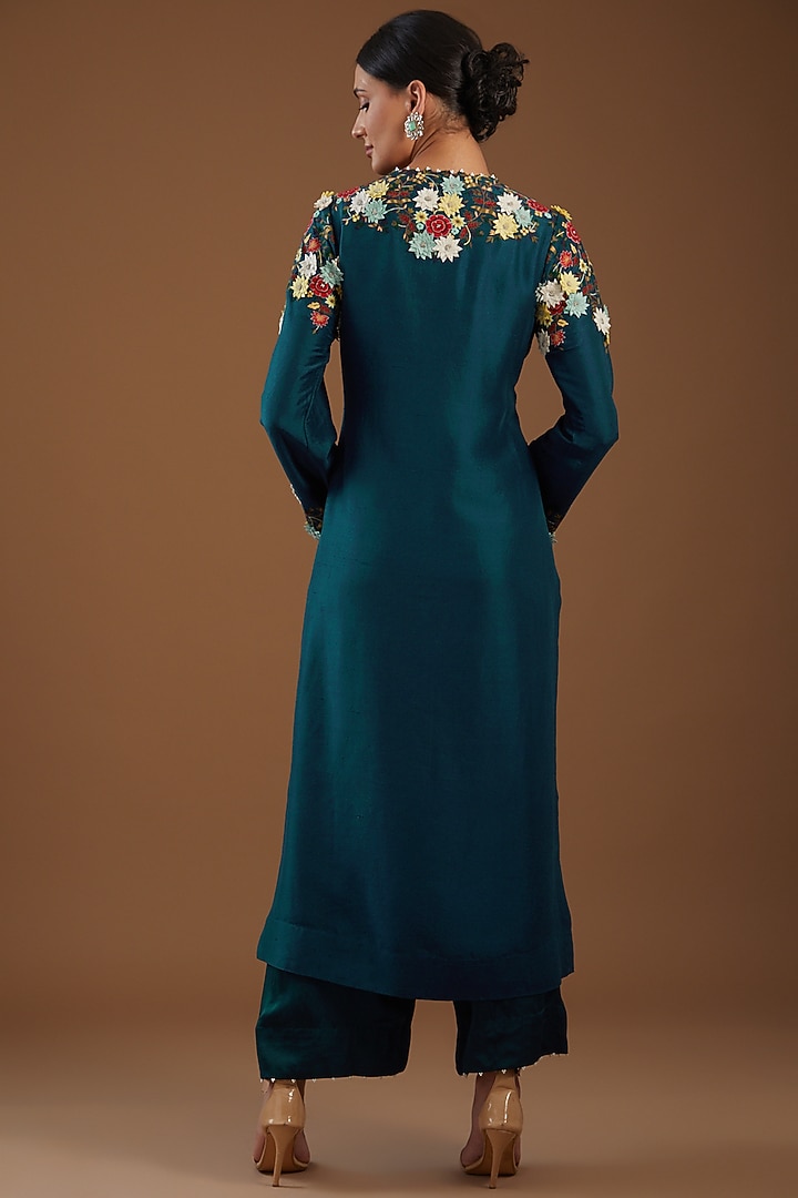Peacock Blue Dupion Embroidered Kurta Set by Minaxi Dadoo at Pernia's Pop Up Shop