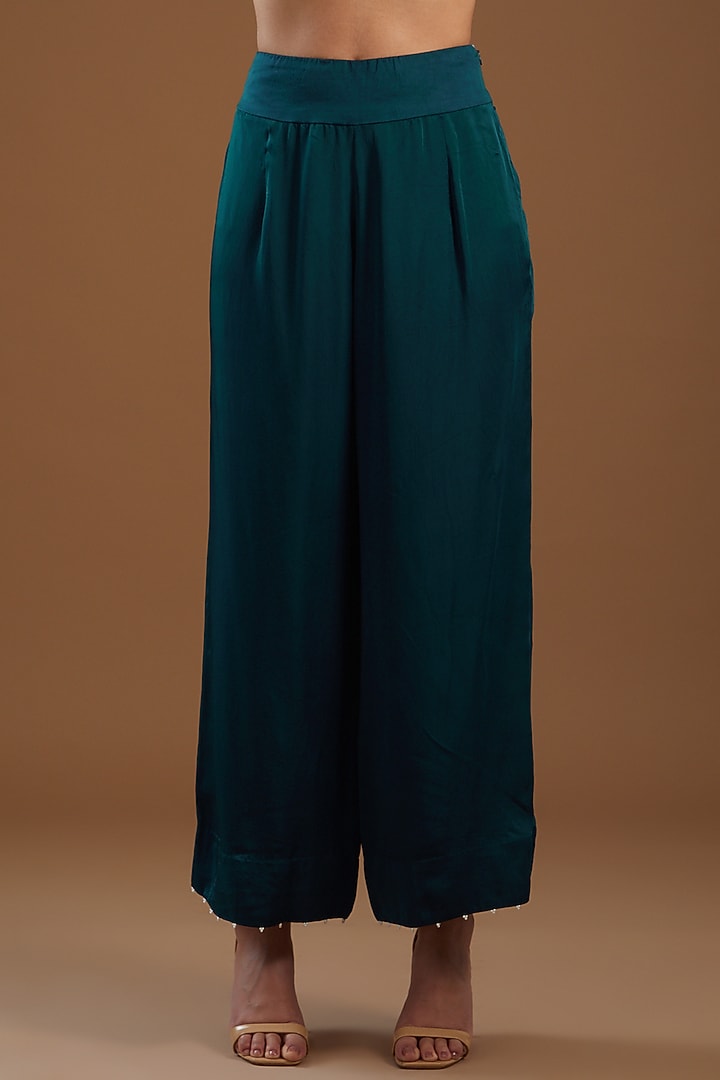 Peacock Blue Dupion Embroidered Kurta Set by Minaxi Dadoo at Pernia's Pop Up Shop