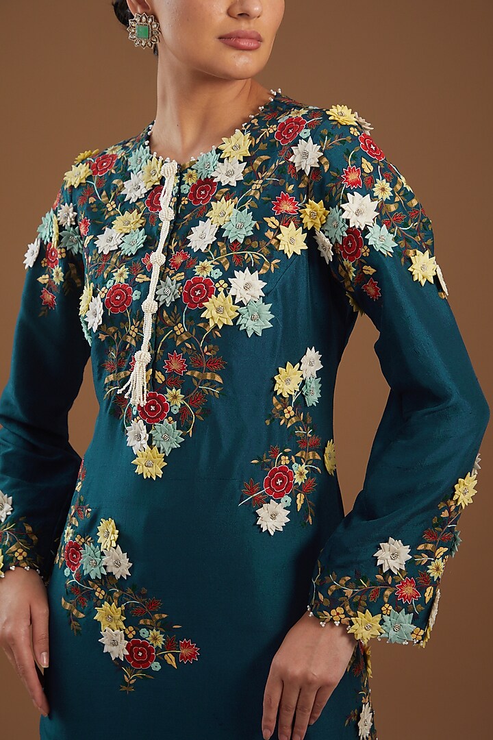 Peacock Blue Dupion Embroidered Kurta Set by Minaxi Dadoo at Pernia's Pop Up Shop