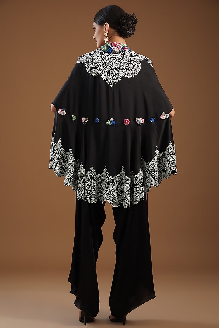 Black Dupion Embroidered Cape Set by Minaxi Dadoo at Pernia's Pop Up Shop
