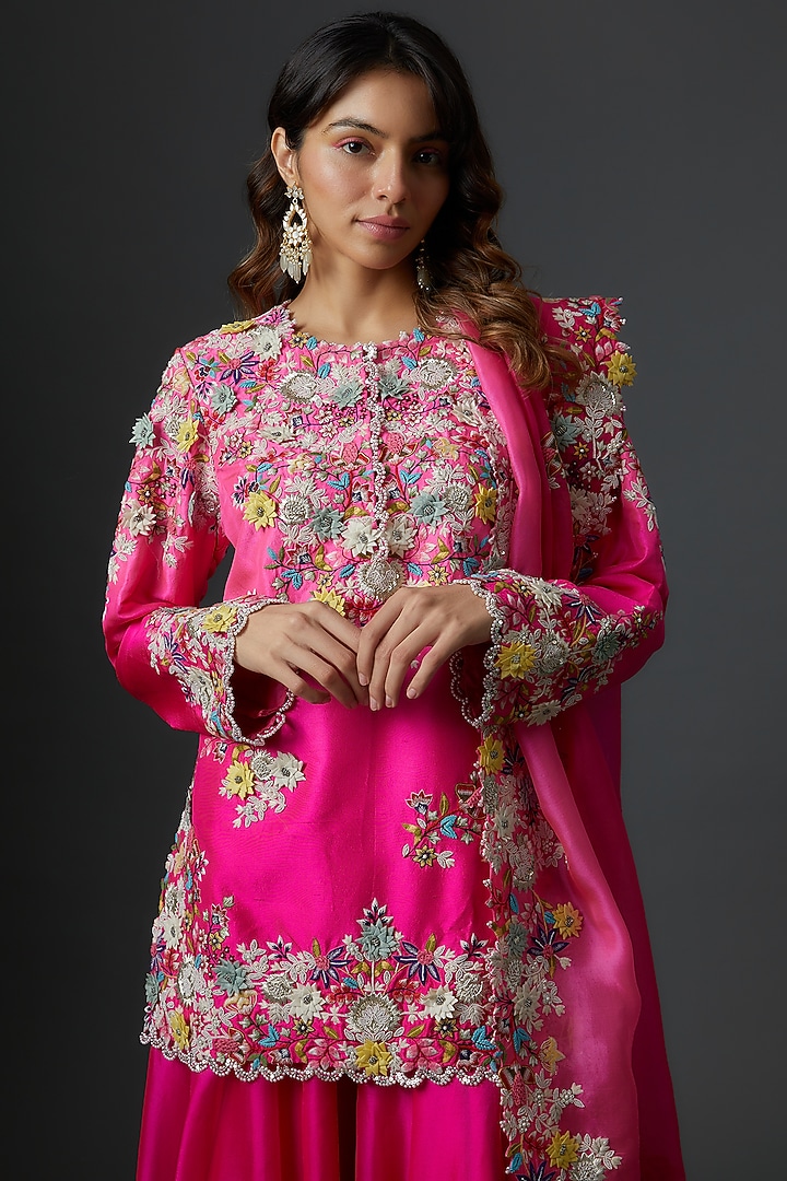 Pink Organza Embroidered Bridal Sharara Set by Minaxi Dadoo at Pernia's Pop Up Shop