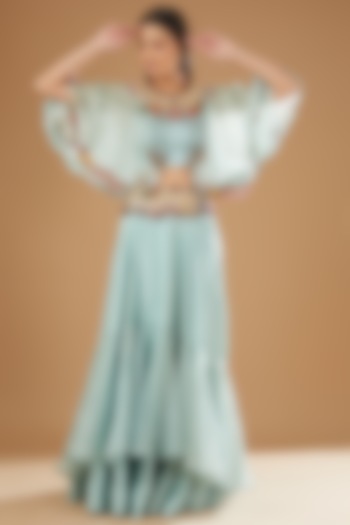 Powder Blue Silk & Organza Tiered Skirt Set by Minaxi Dadoo at Pernia's Pop Up Shop