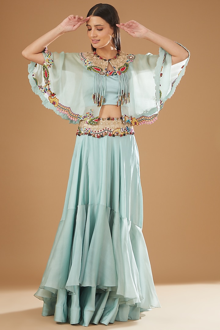 Powder Blue Silk & Organza Tiered Skirt Set by Minaxi Dadoo at Pernia's Pop Up Shop