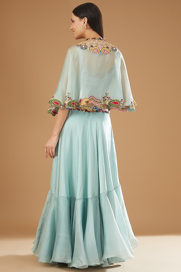 Powder Blue Silk & Organza Tiered Skirt Set by Minaxi Dadoo at Pernia's Pop Up Shop