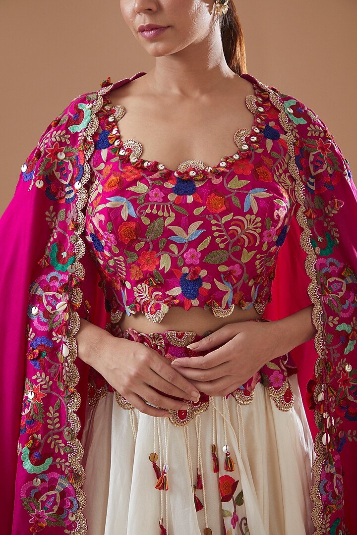 Ivory Chanderi & Dupion Embroidered Jacket Bridal Lehenga Set by Minaxi Dadoo at Pernia's Pop Up Shop