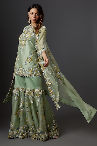 Green Organza Embroidered Gharara Set by Minaxi Dadoo