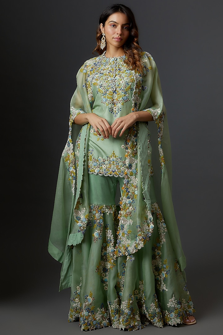 Green Organza Embroidered Gharara Set by Minaxi Dadoo at Pernia's Pop Up Shop