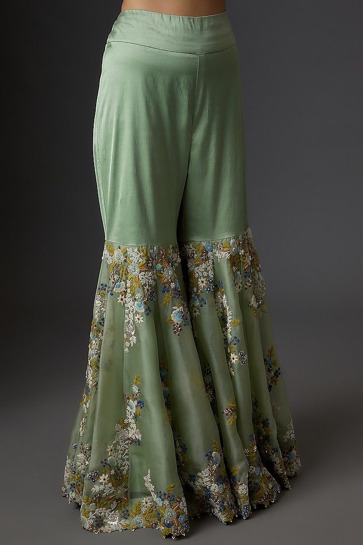 Green Organza Embroidered Gharara Set by Minaxi Dadoo at Pernia's Pop Up Shop