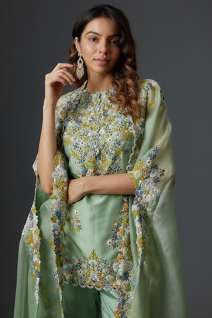 Green Organza Embroidered Gharara Set by Minaxi Dadoo at Pernia's Pop Up Shop