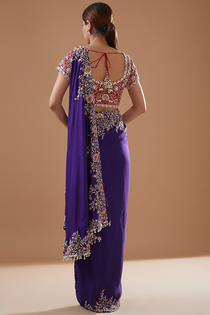 Purple Dupion Embroidered Draped Bridal Saree Set by Minaxi Dadoo at Pernia's Pop Up Shop