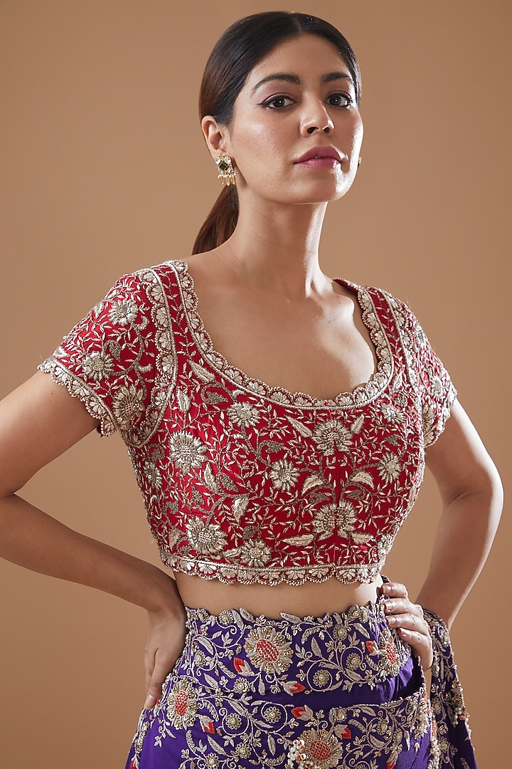 Purple Dupion Embroidered Draped Bridal Saree Set by Minaxi Dadoo at Pernia's Pop Up Shop